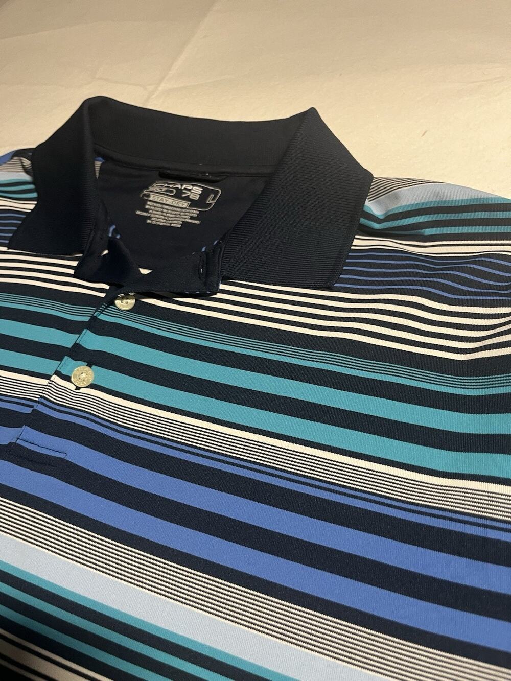 Chaps Golf 78 Mens Large Polo Shirt Blue Teal Striped Stay Dry Performance